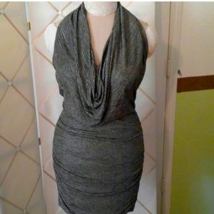 Silver Grey Metallic Backless Draped Cowl Neck Cocktail Dress